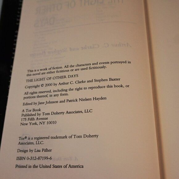 The Light of Other Days by Stephen Baxter and Arthur C. Clarke 2000 Hardcover - Picture 5 of 5